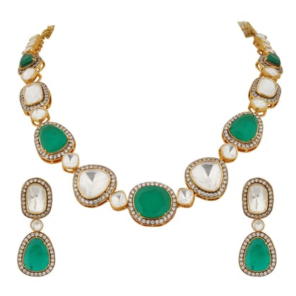 Raaya - Polki and Emerald Green Stone Necklace Set-Emerald Green