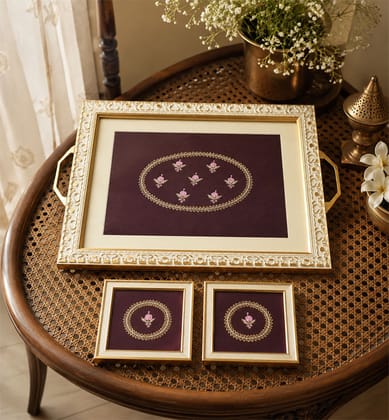 Handcrafted Zari Zardozi Velvet Tray and Coaster Set