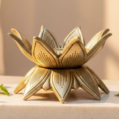 Sukh Sehaj Kamal Dhoopdani | Lotus Shaped Loban Burner | Incense Burner | Dhoop Batti Stand, Handcrafted, Antique Yellow Finish, 4.2 Inch Length, for Home Temple, Decor, Pooja Ritual and Gifting