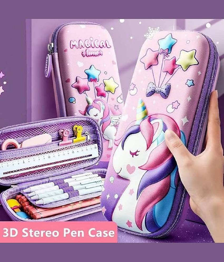 FEDIFU  3D Unicorn Cover Large Capacity Pencil Case Compass with Compartments, School Supply Organizer for Students, Stationery Box, Cosmetic Zip Pouch Bag