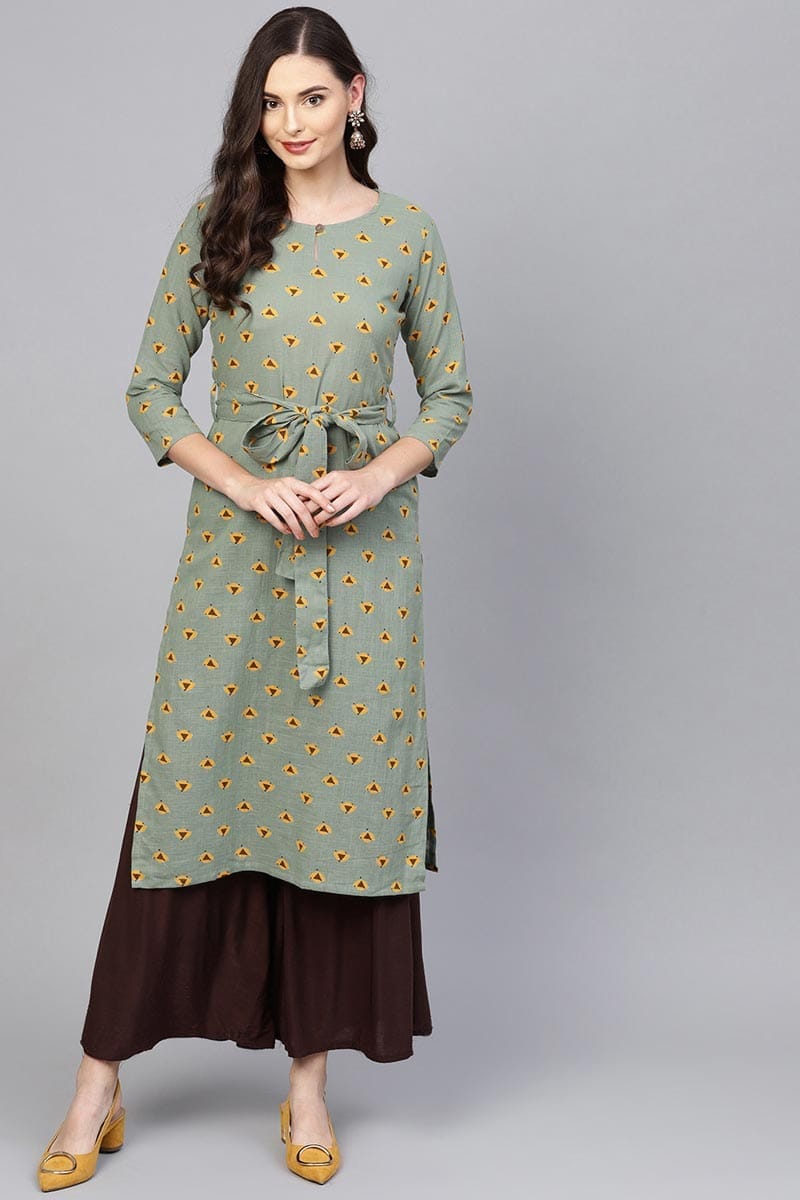 Women Festive Wear Cotton Fabric Green Color Printed Trendy Kurti VCK1228