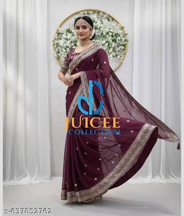 Shivadit ethnic Georgette Embroidered Regular Saree With Unstitched Blouse Piece ( Purple )