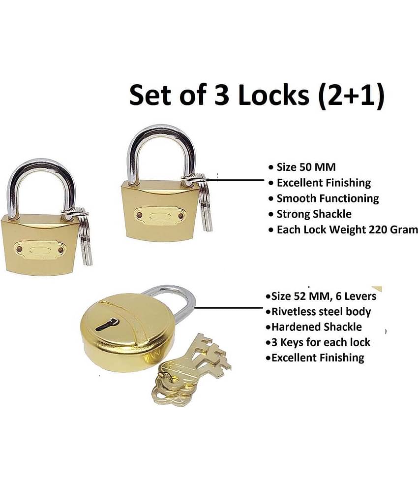 Unikkus set of 3 locks for home room door kitchen and multi-purpose, 2 locks size 50 MM 1 Lock Size 52 MM, 3 keys for each lock and excellent finishing