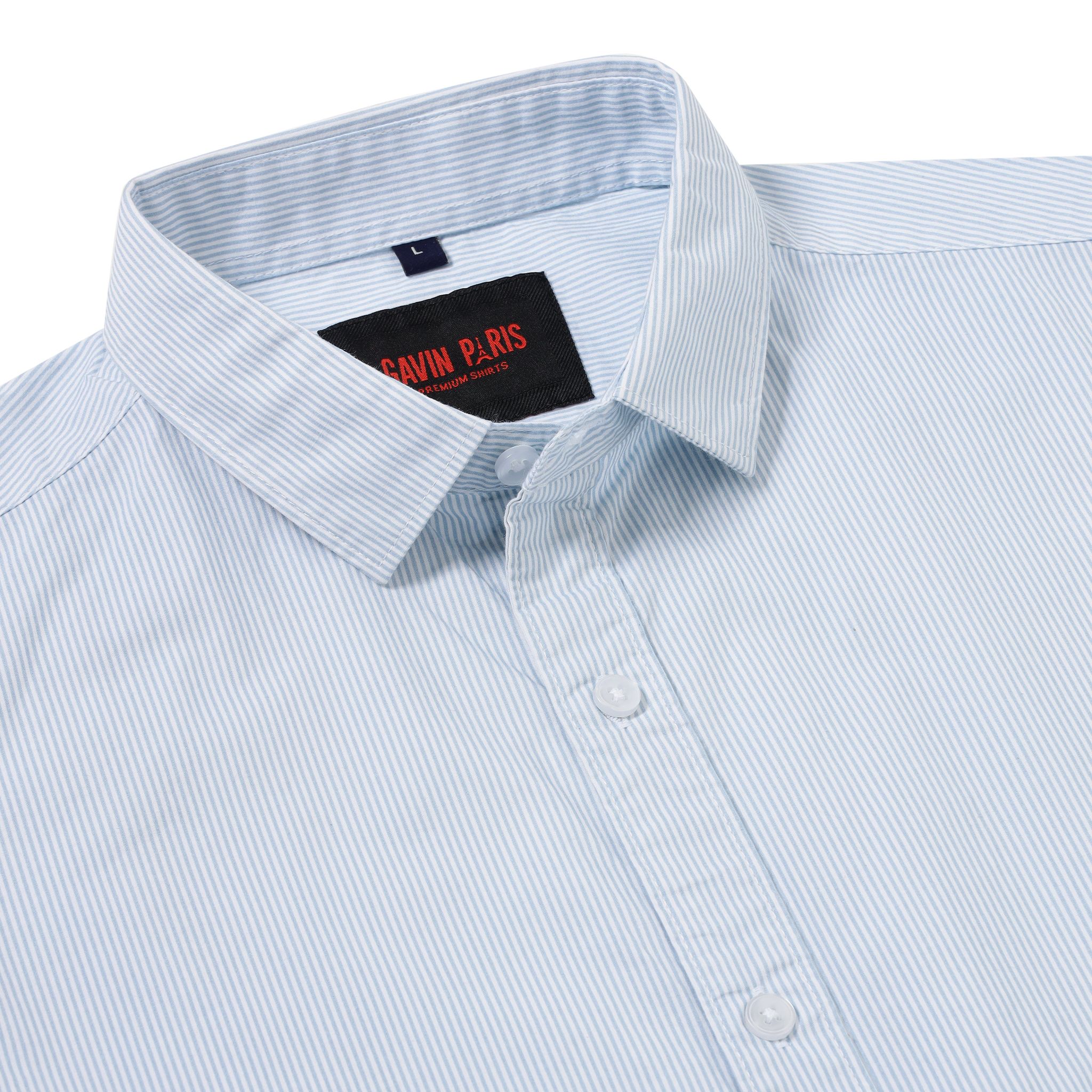 Striped Cotton Slim Fit Full-Sleeve Shirt - Light Blue (GP081)-S-36 / Full Sleeve
