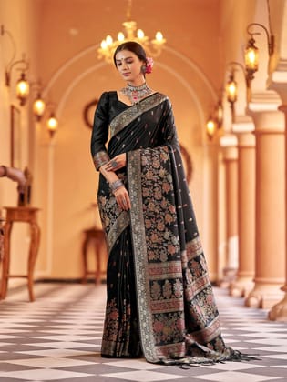 Black Soft Silk Floral Butti Pashmina Zari Jacquard Work Designer Saree