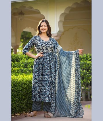 Royal Export Viscose Printed Kurti With Pants Women's Stitched Salwar Suit - Blue ( Pack of 1 )