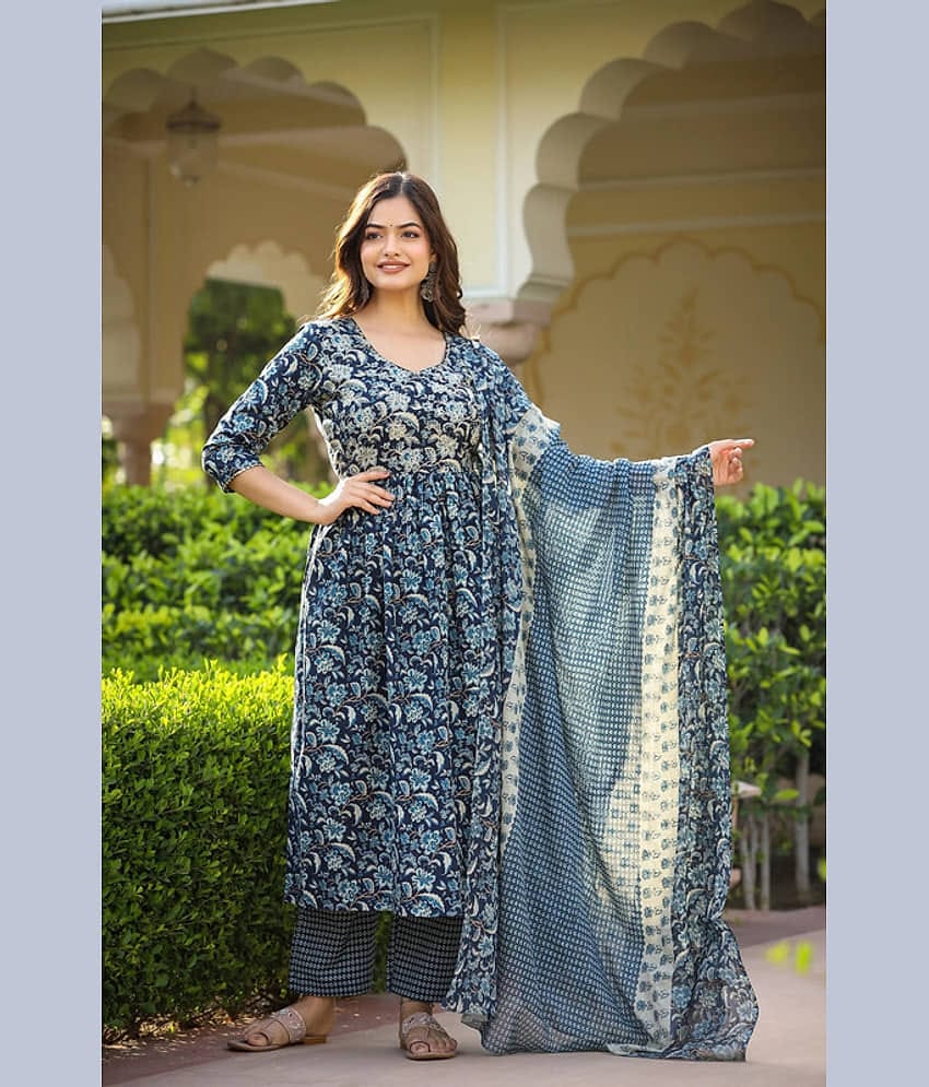 Royal Export Viscose Printed Kurti With Pants Women's Stitched Salwar Suit - Blue ( Pack of 1 )