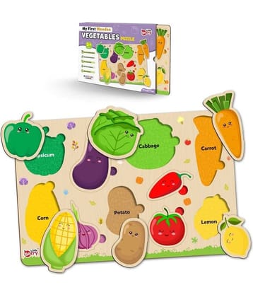 Vegetables Wooden Puzzle Board with Pictures for Kids - Knob & Peg Puzzles Games for Boys, Girls, Preschool Children - Learning & Education Wooden Toy Jigsaw Puzzle Set - Fun & Learn Puzzle Tray With Knob For Kids