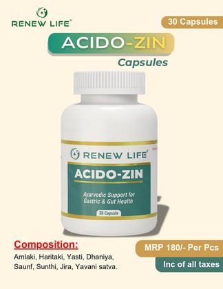 Renew Life Acido-Zin Ayurvedic Capsules (30 Capsules) | Gastric & Gut Health Support | Digestive Wellness