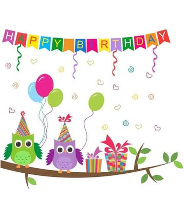 Asmi Collection Happy Birthday Banner with Owls on a Branch Nature Sticker ( 40 x 60 cms )