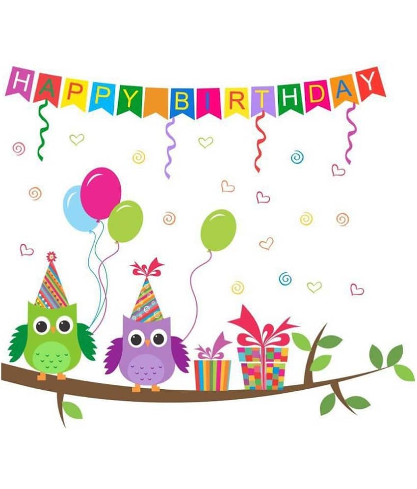 Asmi Collection Happy Birthday Banner with Owls on a Branch Nature Sticker ( 40 x 60 cms )