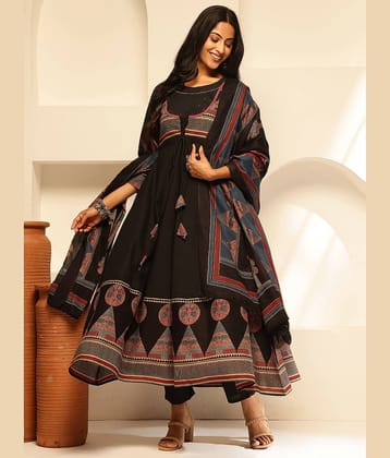 Vbuyz Cotton Printed Kurti With Pants Women's Stitched Salwar Suit - Black ( Pack of 1 )