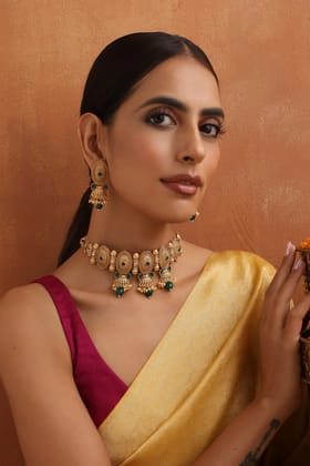 Mythili Green Temple Choker Necklace Set-Temple Work