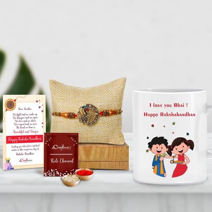 Designer Peacock Rakhi with Mug for Brother and Roli Chawal Pack, Best Wishes Greeting Card