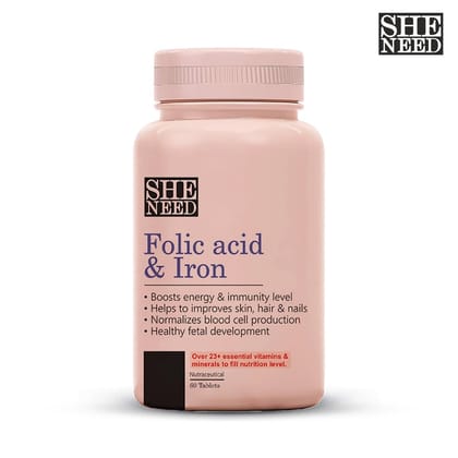 SheNeed Folic Acid & Iron Supplements – Supports Pregnancy & Iron  Production – 60 Tablets