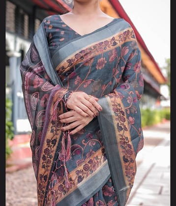 Almaari Fashion Linen Printed Saree With Unstitched Blouse Piece ( Multicolor )