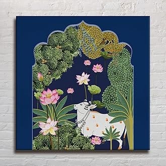 fabsouk Large Wall Painting for Living Room Decor Big Canvas Art Indian Ethnic Traditional Wall Art Large Size For Living Room, Bedroom, Office decor & Gifting (Krishna with Cows, 18x18, Framed)