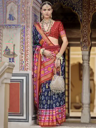 Navy Blue  Soft Silk Woven Printed Patola Designed Saree