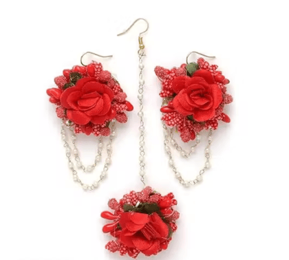 Women Plated Pearl & Gota Patti Flower Haldi Mehandi Maangtikka With Earrings