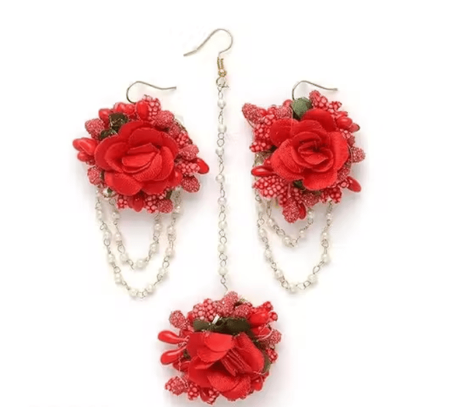 Women Plated Pearl & Gota Patti Flower Haldi Mehandi Maangtikka With Earrings