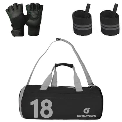 GROUPERS Combo Set of Duffle Polyester Bag with Gloves & Wrist Band Support BagslSports & Travel Bag (Black 18) GROUPERS Combo Set of Duffle Polyester Bag with Gloves & Wrist Band Support BagslSports & Travel Bag (Black 18)