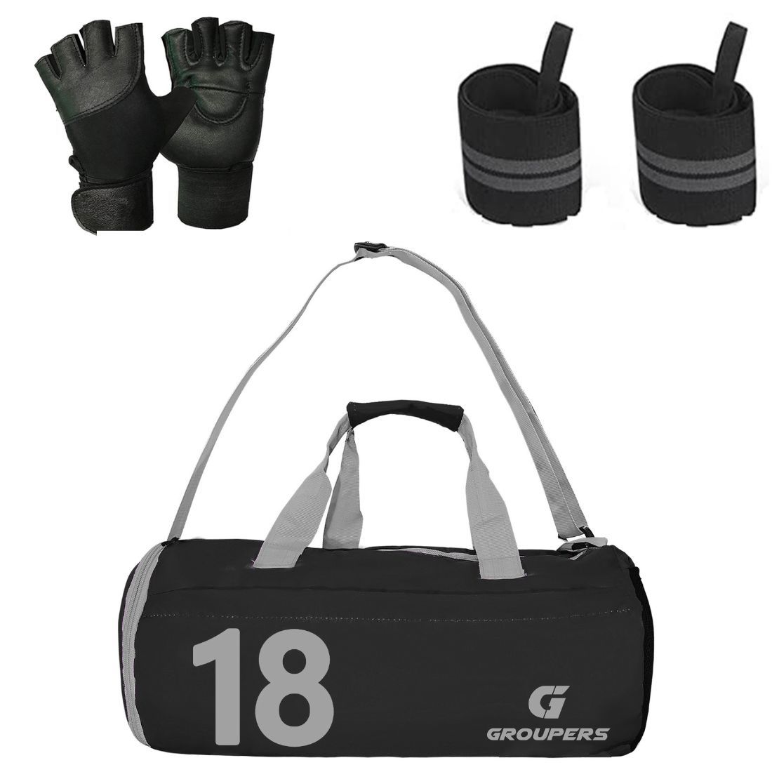 GROUPERS Combo Set of Duffle Polyester Bag with Gloves & Wrist Band Support BagslSports & Travel Bag (Black 18)
