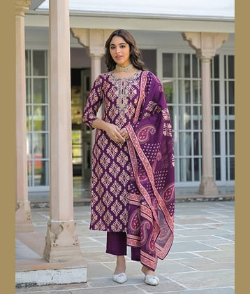 Vaamsi Women Viscose Self Design Straight Kurti With Pants ( Purple )