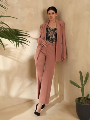 Notch Collar Stretch Pant Suit- Dusty Peach-XS
