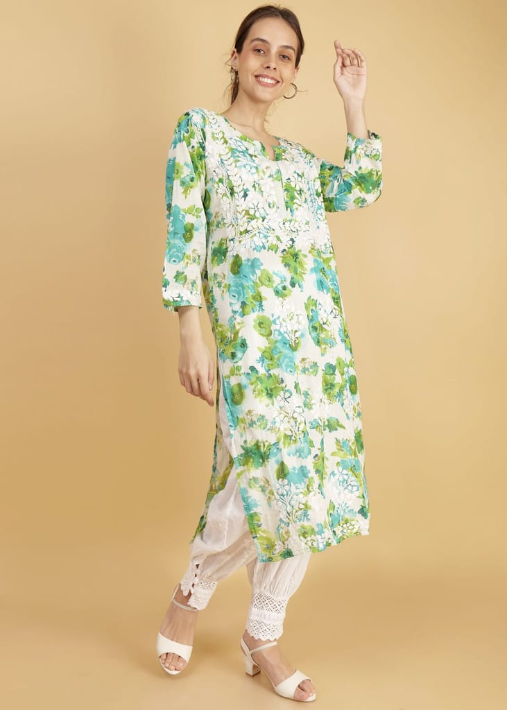 Pure Mulmul Floral Print Green Chikankari Long Straight Kurta