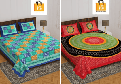 2201-Hometrade India- Standard Double Size (90*100 in )-Combo Jaipuri Double bedsheet With Matching Pillow Cover