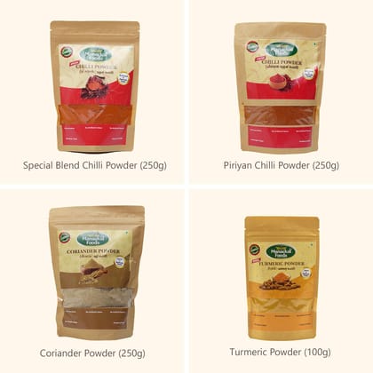 Manackal Foods Authentic Spice Combo Pack Special Blend-Chilli Powder-200g, Coriander Powder-200g, Turmeric Powder- 200g&Marayoor Jaggery powder-200g | Pure & Natural | 4 Pack-700g