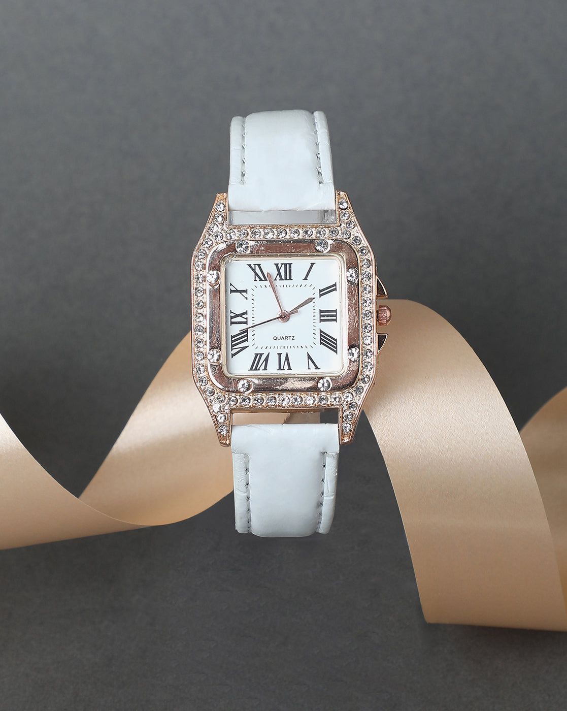 White & Gold Crystal Stone Analog Square Dial With Black Roman Hour Markers & White Leather Strap-Watches