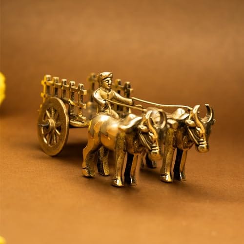 Ekhasa 100% Pure Brass Bullock Cart Home Decor (Size: 12 cm) | Bailgadi for Gift | Bullock Cart Showpiece Brass