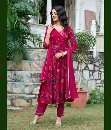 VIBE VISION Silk Blend Printed Kurti With Pants Women's Stitched Salwar Suit - Pink ( Pack of 1 )