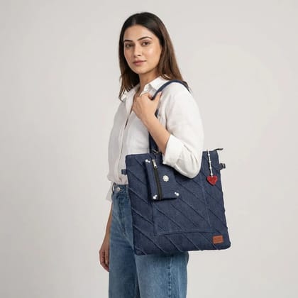 Navy Blue Denim Tote Bag With Quilted Design And Heart Charm 40x35x12 Cm Navy Blue Denim Tote Bag With Quilted Design And Heart Charm 40x35x12 Cm