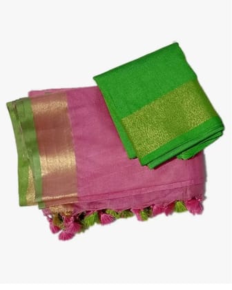 Pink Linen Slub Saree with Unstitched Contrast Blouse Piece