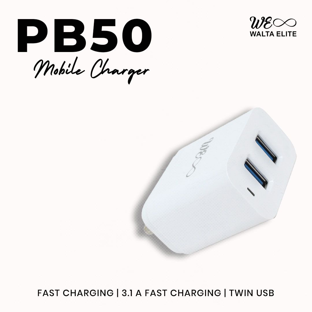 WALTA ELITE PB50 QC 3.1AMP 2 USB V8 CHARGER / 18W Charger, Dual Port, Charger Adapter, Fast Charging Power Adaptor With USB Micro V8 Cable (White)