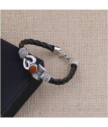 Rudraksha OM Trishul Damroo Designer Oxidized Silver Bahubali Leather Kada Bracelet Unisex Bracelets for Men & Women