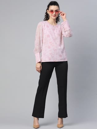 Chiffon Floral Print Top -Baby Pink-6XL