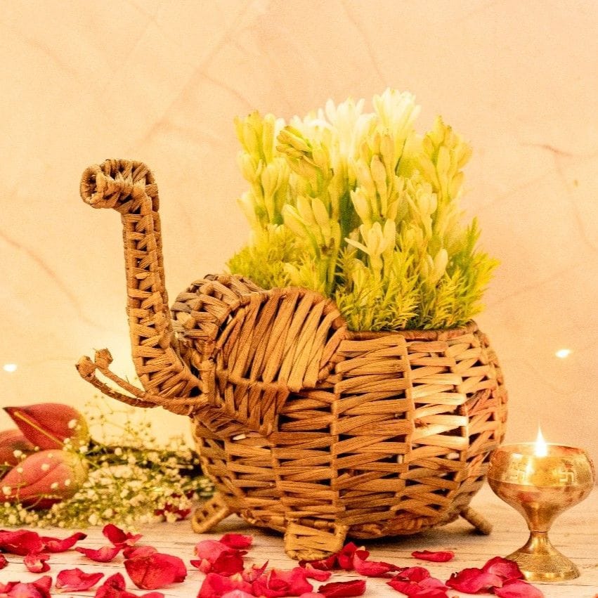 Wicker Elephant Basket - Water Hyacinth and Metal