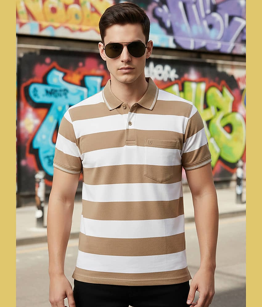 UNIBERRY Men Cotton Blend Regular Fit Striped Polo T Shirt ( Beige )