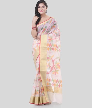 Desh Bidesh Cotton Blend Self Design Saree With Unstitched Blouse Piece ( White )