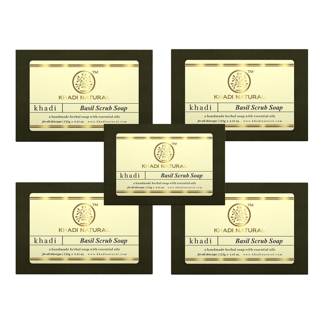 Khadi Natural Herbal Basil Scrub Soap Combo Pack Of 5 – 125gm Each