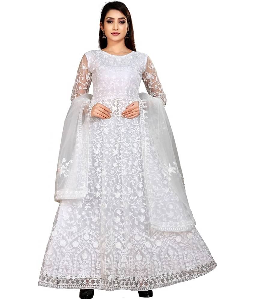 Aika - White Anarkali Net Women's Semi Stitched Ethnic Gown ( Pack of 1 )