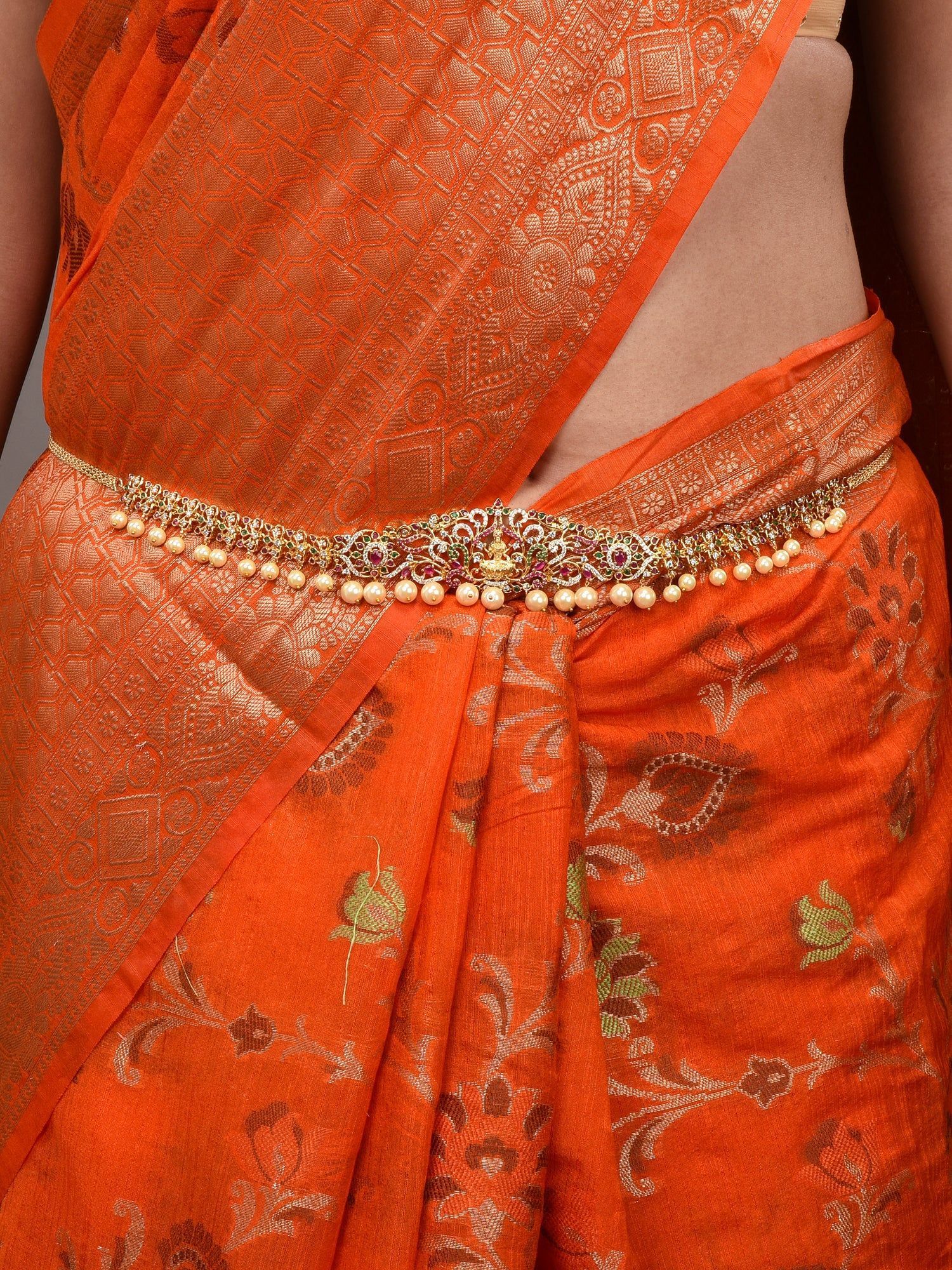 Red & Green AD STUdded Gold Plated Goddess Lakshmi Templef Kamarbandh