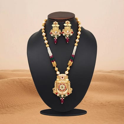 Rani & Green Color Meena Work Matte Gold Rajwadi Temple Necklace Set (TPLN695RNIGRN)-Length: 42.00 CM x Width: 1.00 CM / Green / Alloy With Good Quality Matte Gold Plated