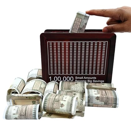 The LakhPot Money Saving Bank with Tracker Board, 100-500 Denomination Counter, Visual Progress Display Money Bank Coin Safety Vault for 100000 Target The LakhPot Money Saving Bank with Tracker Board, 100-500 Denomination Counter, Visual Progress Display Money Bank Coin Safety Vault for 100000 Target