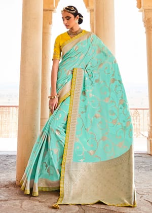 AQUA LUSH BANARASI CLASSIC WOVEN DESIGNER SILK SAREE