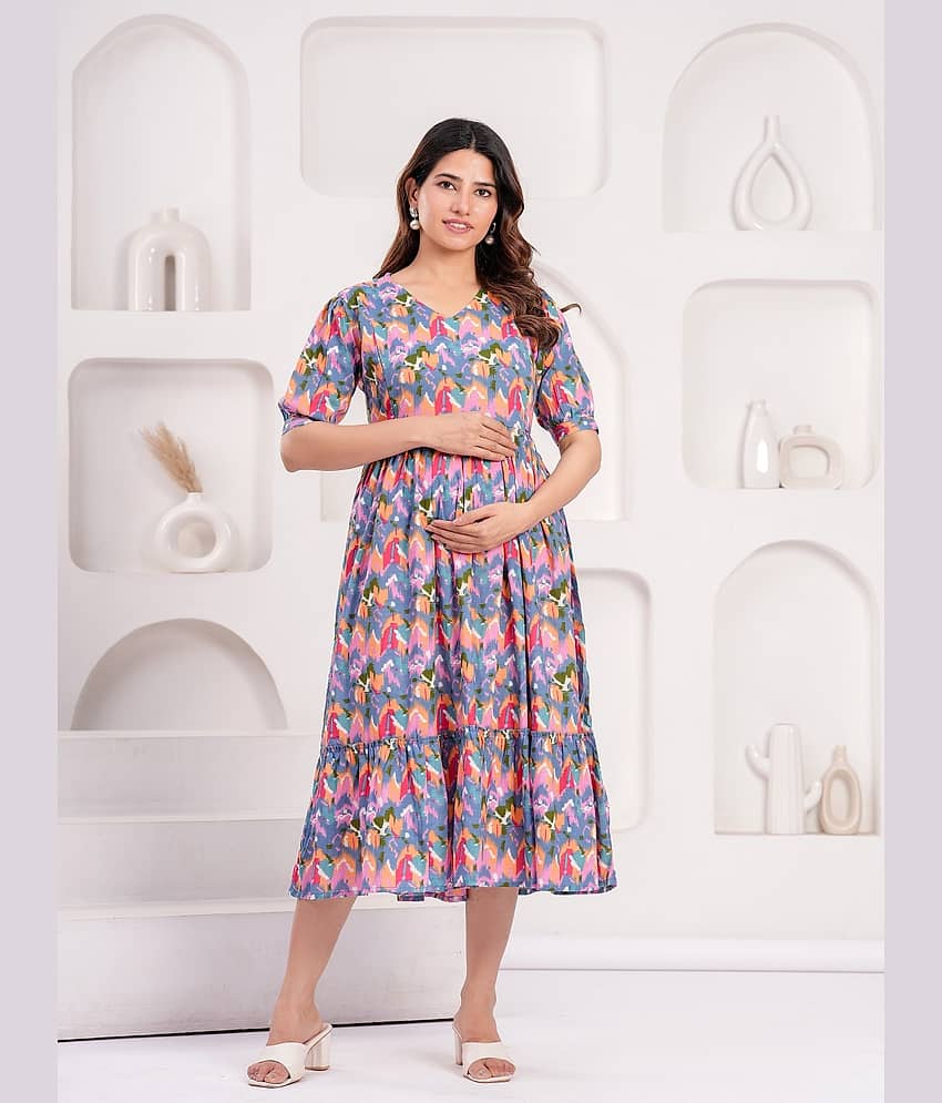 Nevisha Style Blue Cotton Women's Maternity Dress ( Pack of 1 )