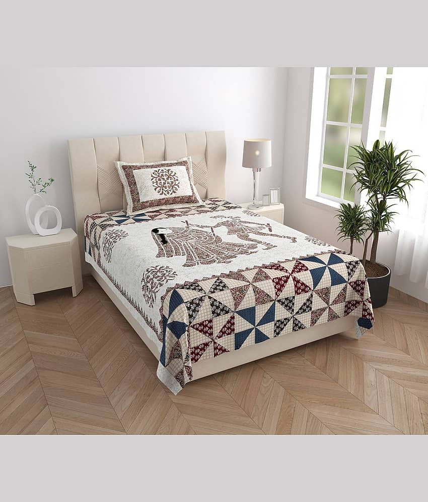 ABHACLOTHO Cotton 1 Single Bedsheet with 1 Pillow Cover ( Cream )